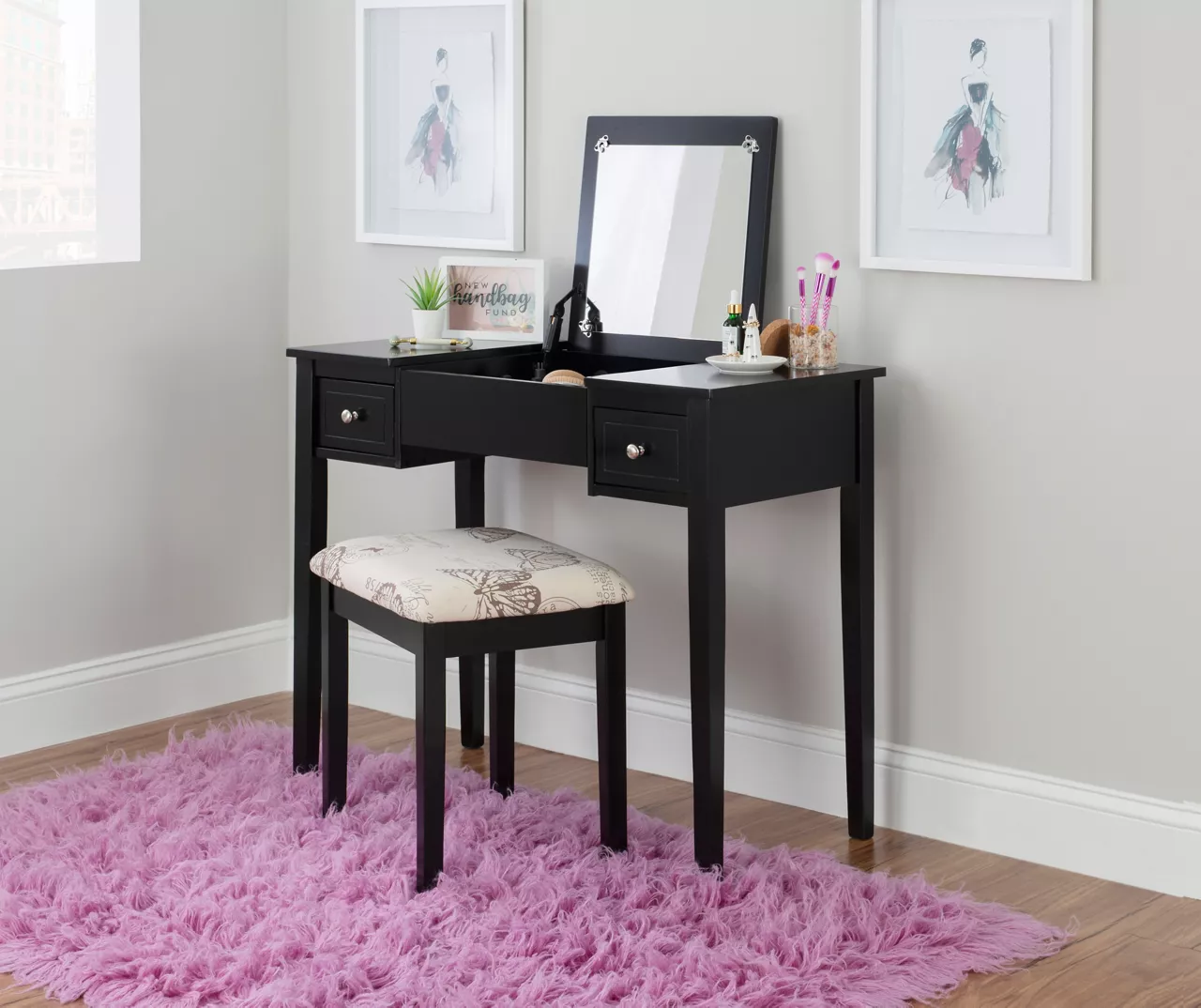 Black Butterfly Mirror Vanity Set With Stool 5 Black Butterfly Mirror Vanity Set With Stool - Image 3