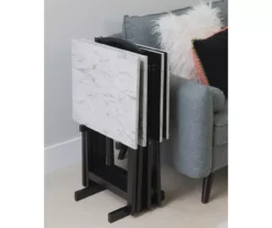 Davis White Faux Marble Tray Tables With Stand, 5-Piece Set -Home Furniture 810389673 B0 2