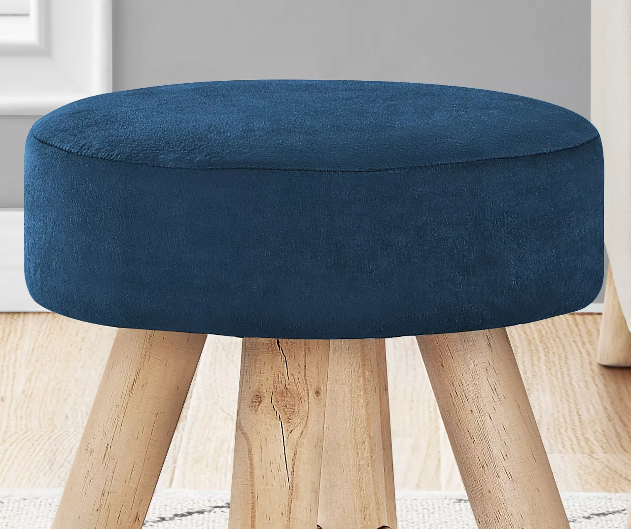 Blue Velvet Upholstered Wooden Ottoman 5 Blue Velvet Upholstered Wooden Ottoman - Image 3