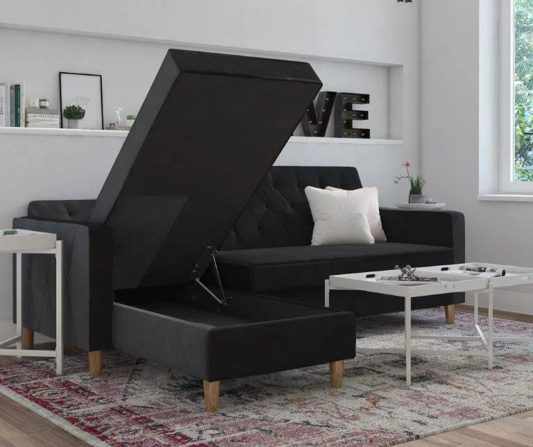 CosmoLiving Liberty Black Velvet Sectional Storage Futon 5 CosmoLiving Liberty Black Velvet Sectional Storage Futon - Image 3