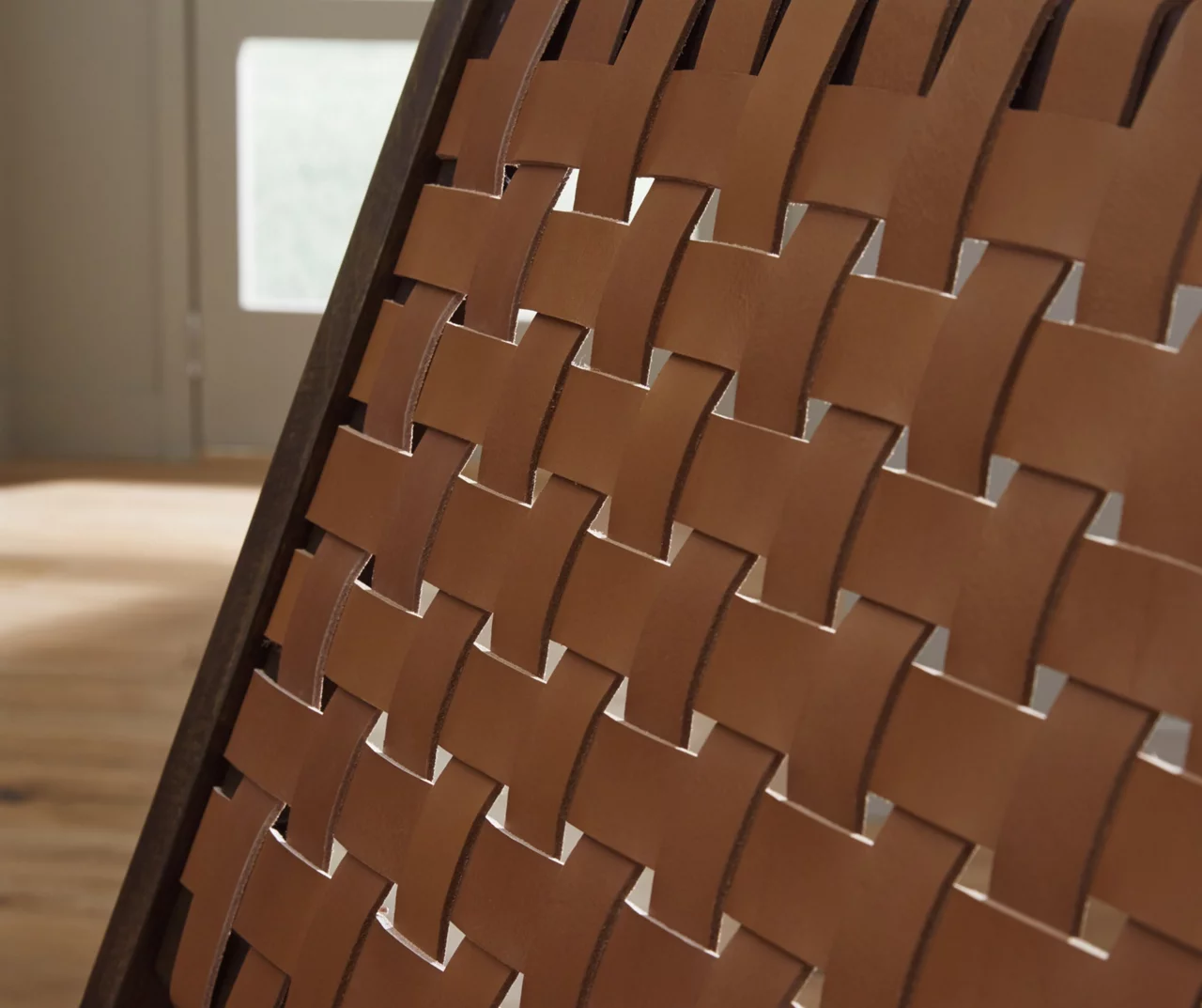 Fayme Camel Armless Leather Woven-Back Lounge Chair 6 Fayme Camel Armless Leather Woven-Back Lounge Chair - Image 4