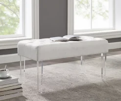 Marie Glitz White Tufted Linen Acrylic Leg Bench -Home Furniture 810543267 2