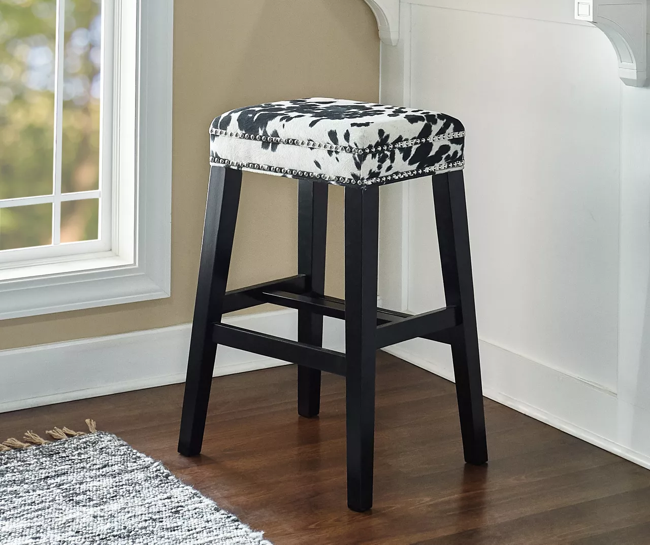 Baldwin White & Black Cow Print Nailhead Bar Stool 4 Baldwin White & Black Cow Print Nailhead Bar Stool - Image 2