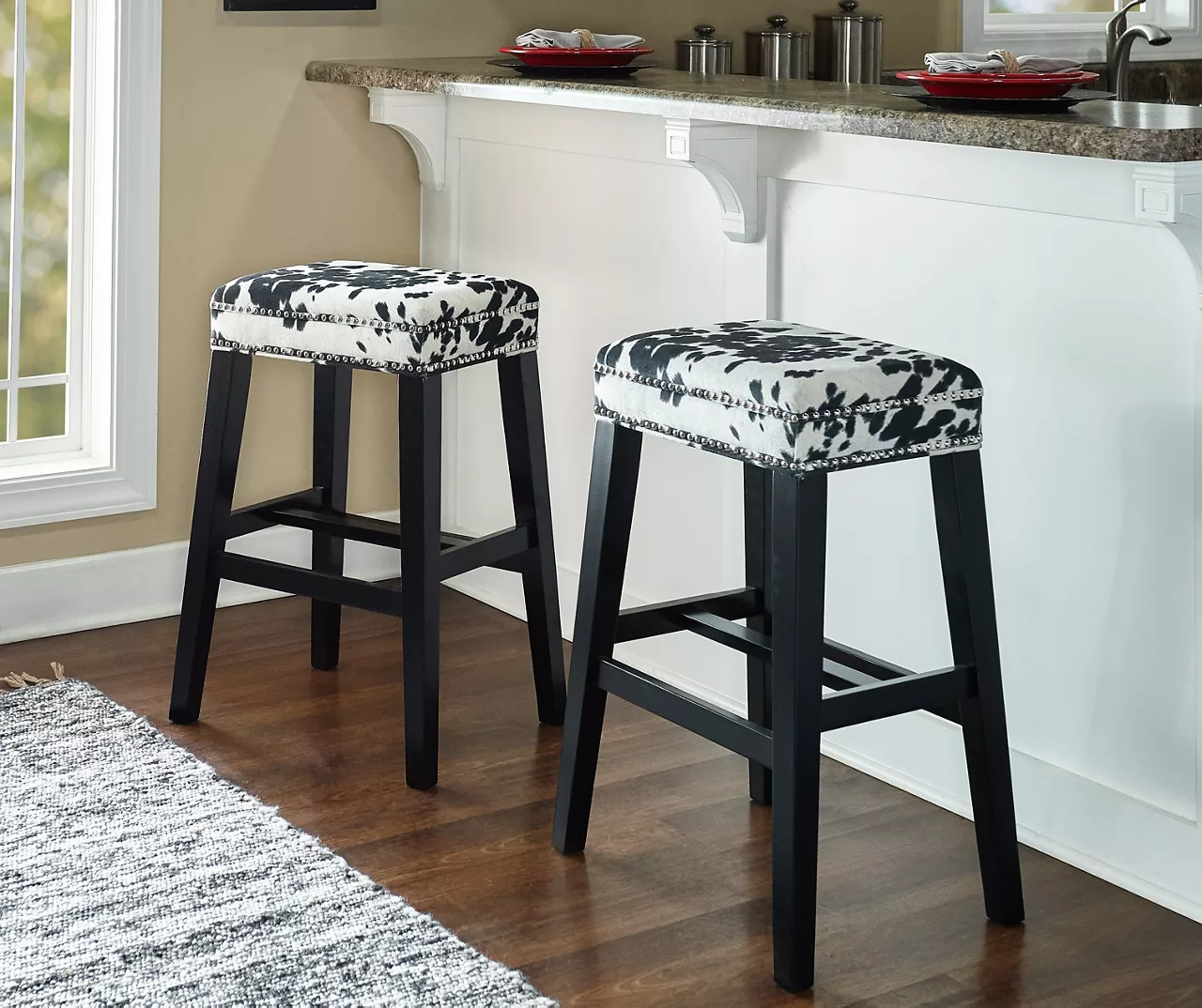 Baldwin White & Black Cow Print Nailhead Bar Stool 5 Baldwin White & Black Cow Print Nailhead Bar Stool - Image 3