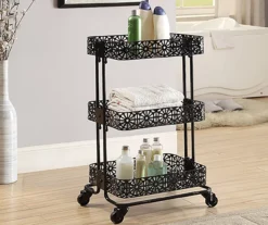 Mabry Black 3-Tier Pierced Floral Rolling Cart 11 Mabry Black 3-Tier Pierced Floral Rolling Cart -Home Furniture 810543382 2
