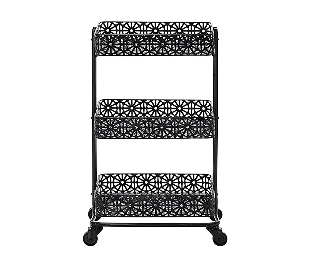 Mabry Black 3-Tier Pierced Floral Rolling Cart 4 Mabry Black 3-Tier Pierced Floral Rolling Cart - Image 2