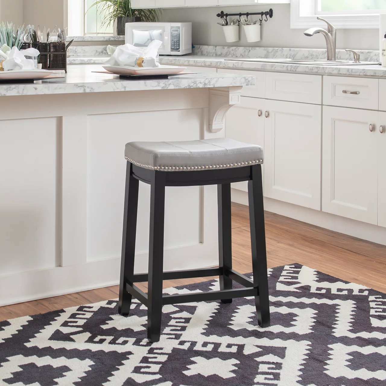 Brooke Gray & Black Faux Leather Backless Padded Counter Stool 4 Brooke Gray & Black Faux Leather Backless Padded Counter Stool - Image 2