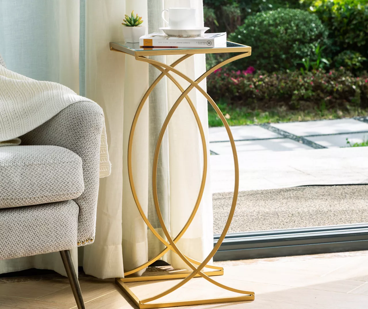 Gold Glass Top 2-Piece Nesting Accent Table Set 7 Gold Glass Top 2-Piece Nesting Accent Table Set - Image 5