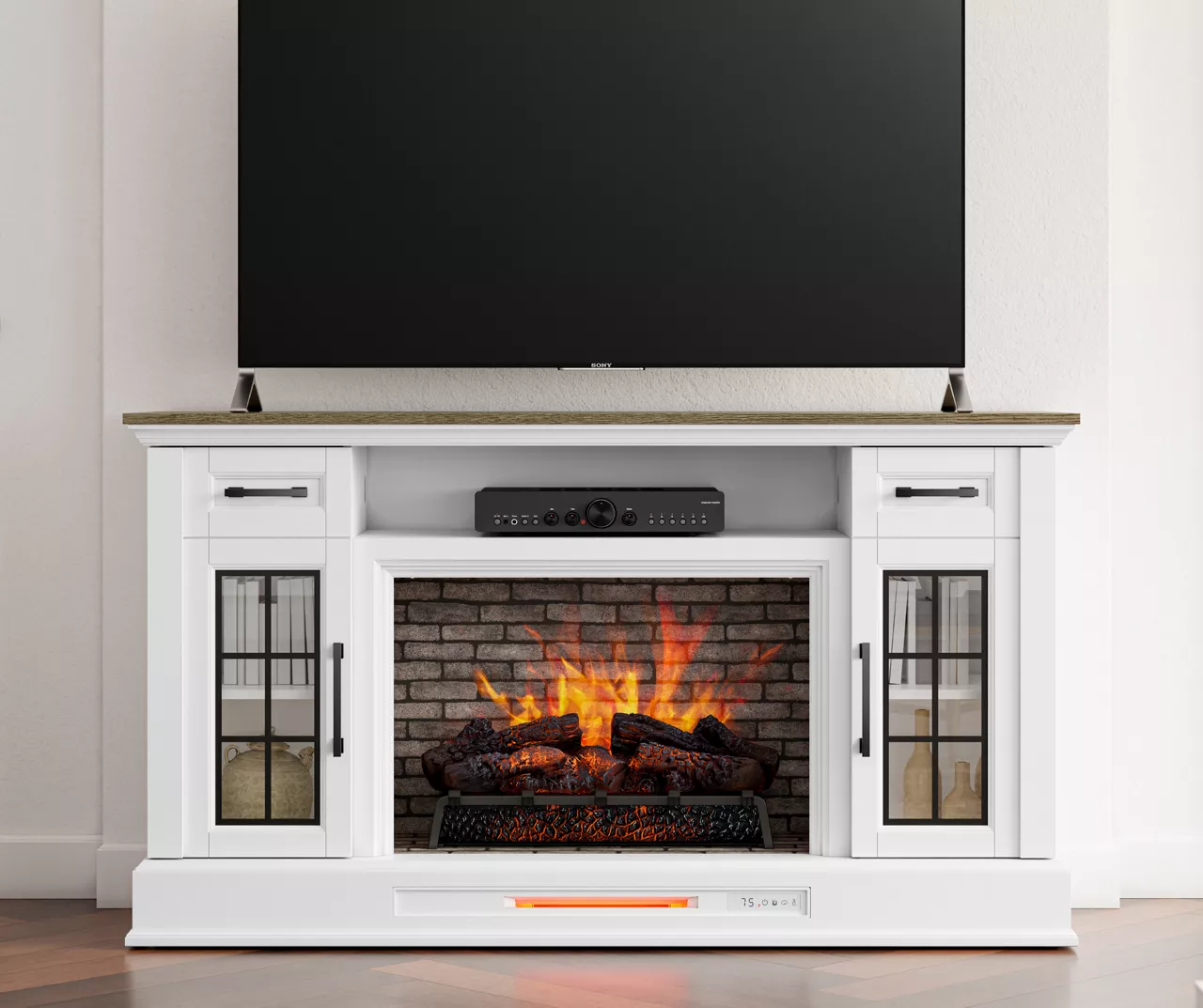 60" White 2-Door Electric Fireplace Console 4 60" White 2-Door Electric Fireplace Console - Image 2